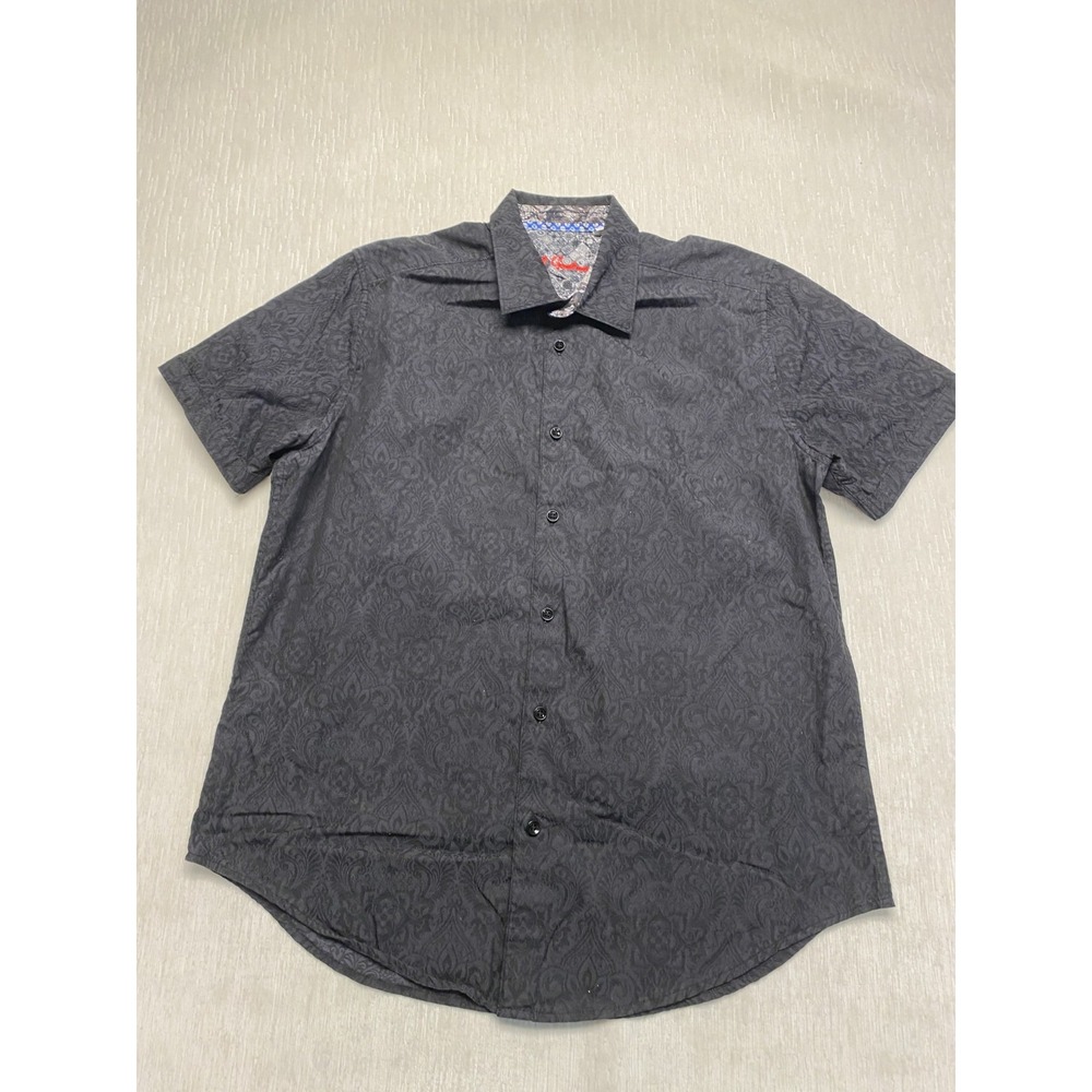 Robert Graham Button Up Shirt Embroidered Mens Large Black Paisley Flip Sleeve